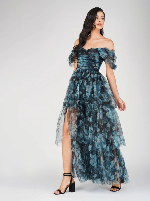 Sydney Tulle Maxi Dress in Blue Floral from Lace & Beads exclusive at Urbanheer Sydney Tulle Maxi Dress in Blue Floral from Lace & Beads exclusive at Urbanheer