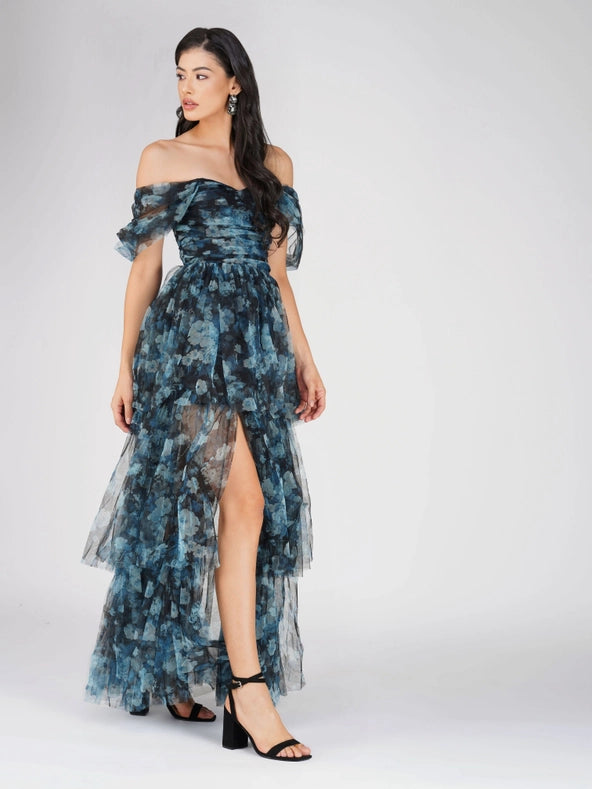 Sydney Tulle Maxi Dress in Blue Floral-Dress-Lace & Beads-6-Blue-Urbanheer
