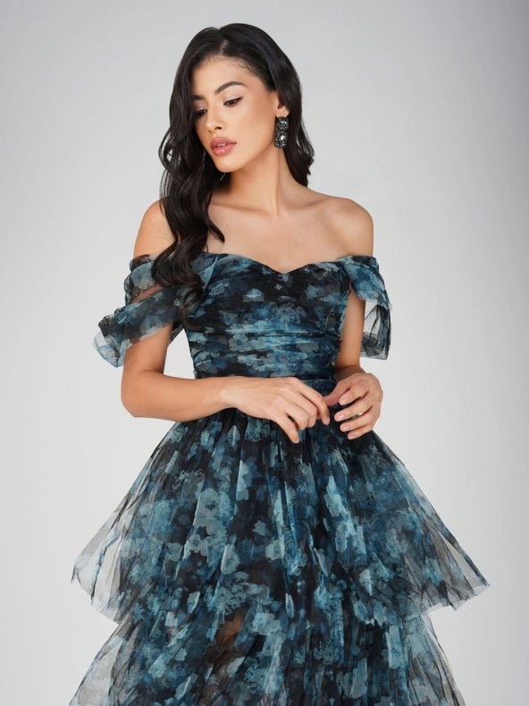 Sydney Tulle Maxi Dress in Blue Floral-Dress-Lace & Beads-6-Blue-Urbanheer