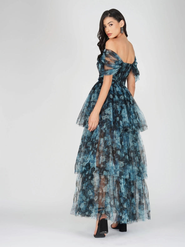 Sydney Tulle Maxi Dress in Blue Floral-Dress-Lace & Beads-6-Blue-Urbanheer