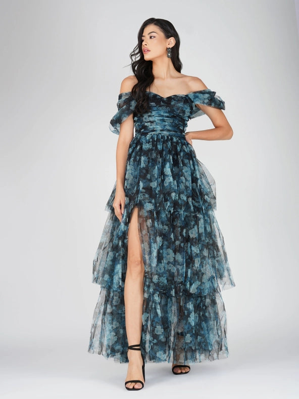 Sydney Tulle Maxi Dress in Blue Floral-Dress-Lace & Beads-6-Blue-Urbanheer