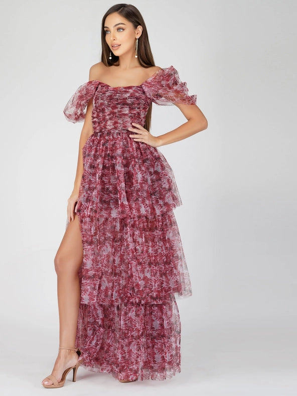 Sydney Tulle Maxi Dress in Burgundy Print-Dress-Lace & Beads-4-Burgundy Print-Urbanheer