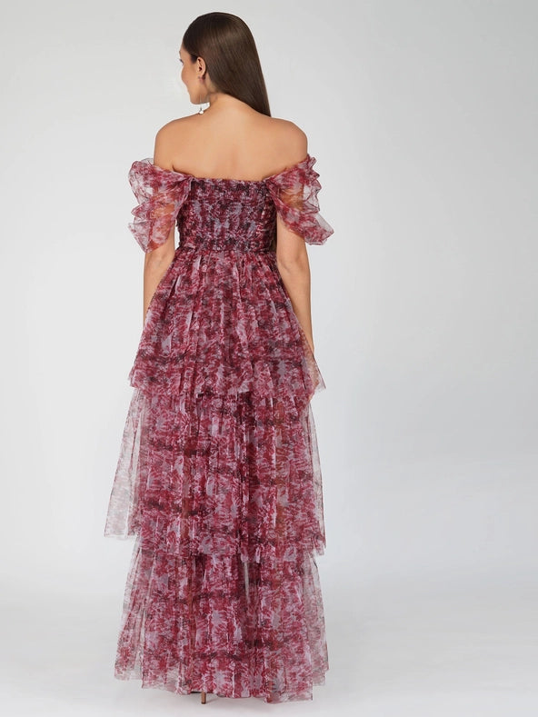 Sydney Tulle Maxi Dress in Burgundy Print-Dress-Lace & Beads-4-Burgundy Print-Urbanheer