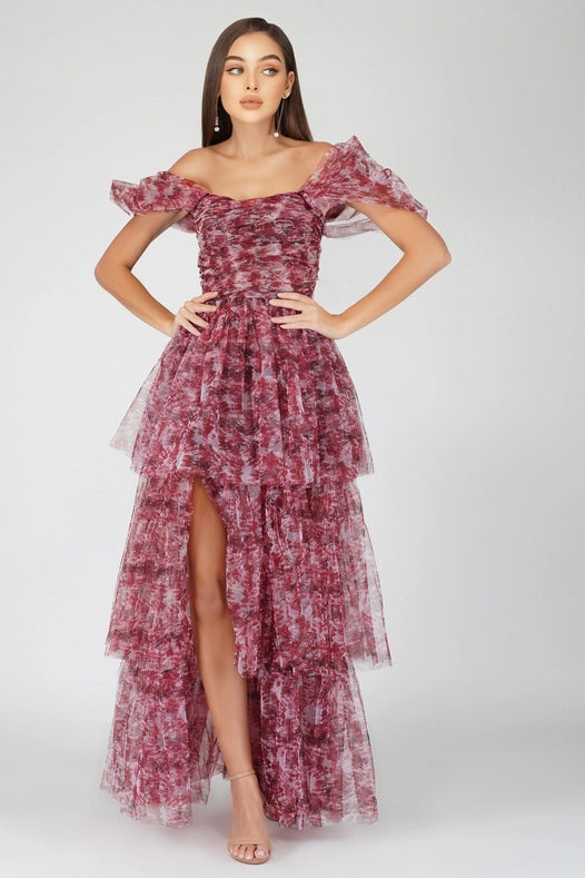 Sydney Tulle Maxi Dress in Burgundy Print-Dress-Lace & Beads-4-Burgundy Print-Urbanheer