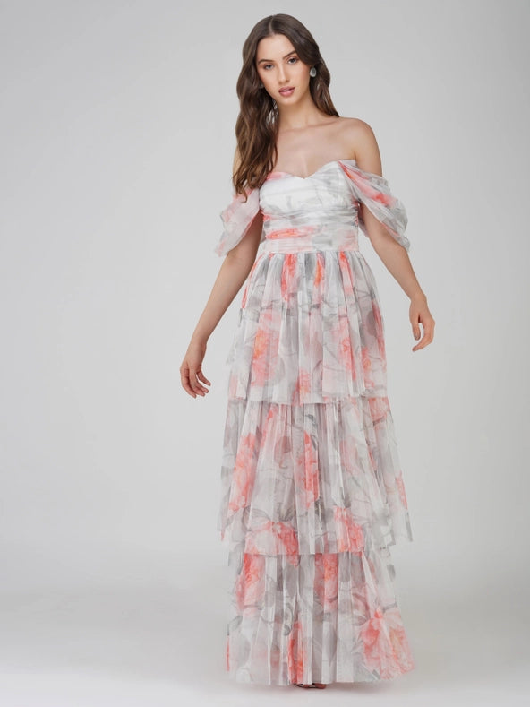Sydney Tulle Maxi Dress in Peach Floral from Lace & Beads exclusive at Urbanheer Sydney Tulle Maxi Dress in Peach Floral from Lace & Beads exclusive at Urbanheer