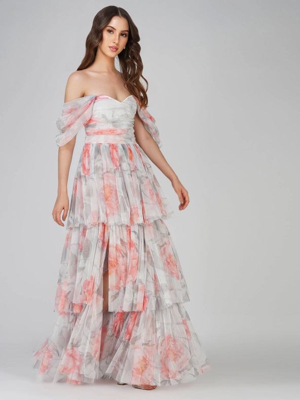 Sydney Tulle Maxi Dress in Peach Floral-Dress-Lace & Beads-6-Peach Floral-Urbanheer