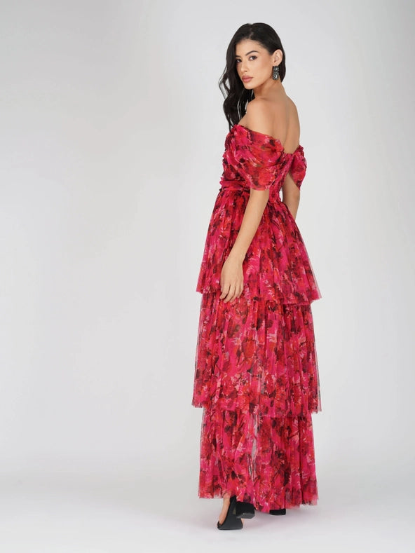 Sydney Tulle Maxi Dress in Red Pink Print-Dress-Lace & Beads-6-Red Pink-Urbanheer