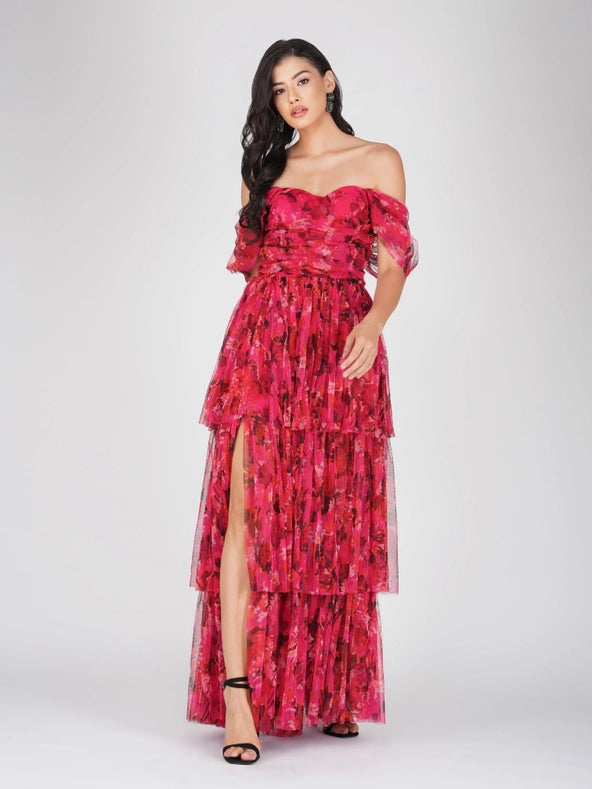 Sydney Tulle Maxi Dress in Red Pink Print-Dress-Lace & Beads-6-Red Pink-Urbanheer
