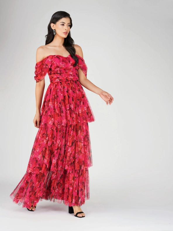 Sydney Tulle Maxi Dress in Red Pink Print-Dress-Lace & Beads-6-Red Pink-Urbanheer