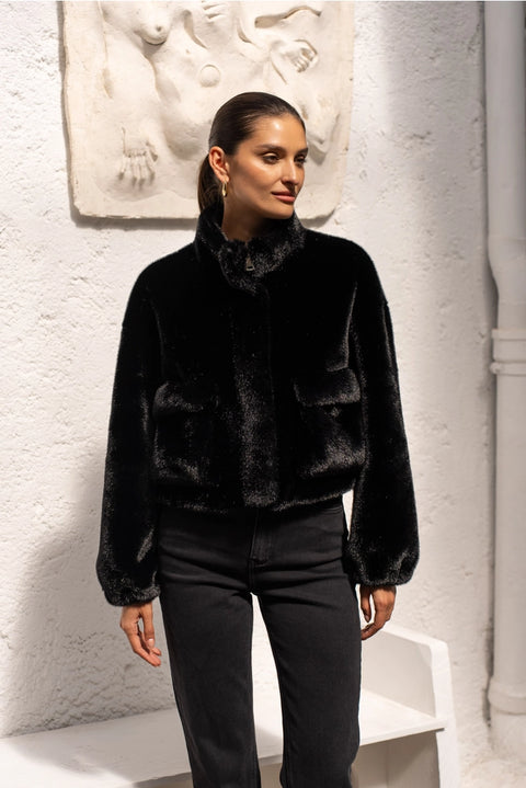 Synthetic Fur Jacket with Patch Pockets