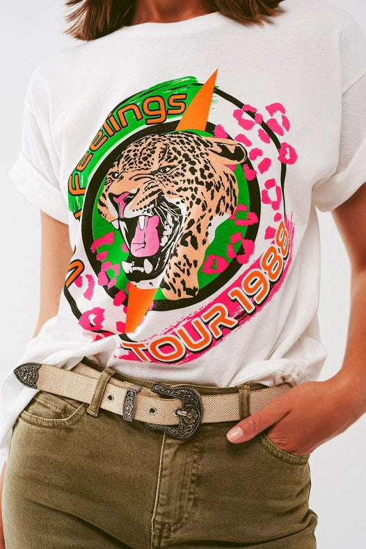T-Shirt with Tiger Print Logo in White