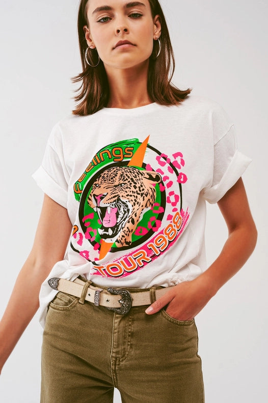 T-Shirt with Tiger Print Logo in White