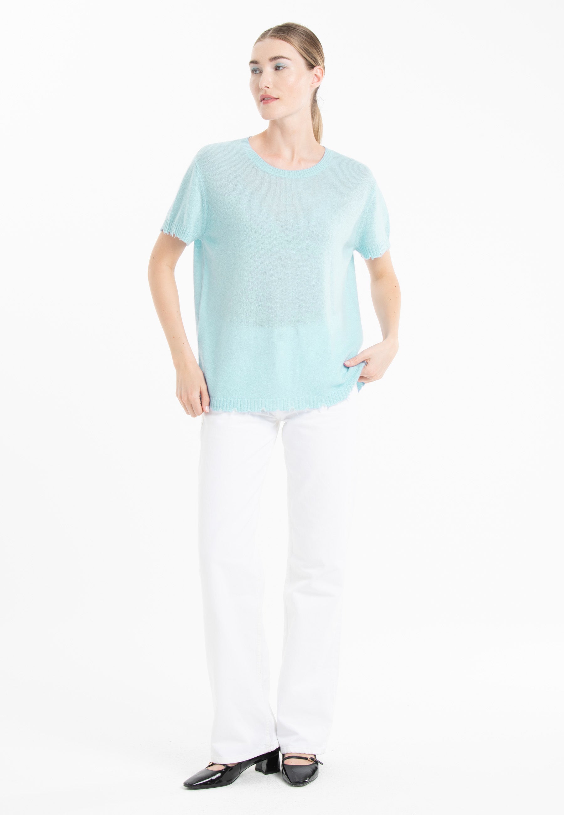 T-shirt col rond cachemire turquoise femme - AVA 6-t-shirt femme-Studio Cashmere8-S-SC8-01133-turquoise-Urbanheer