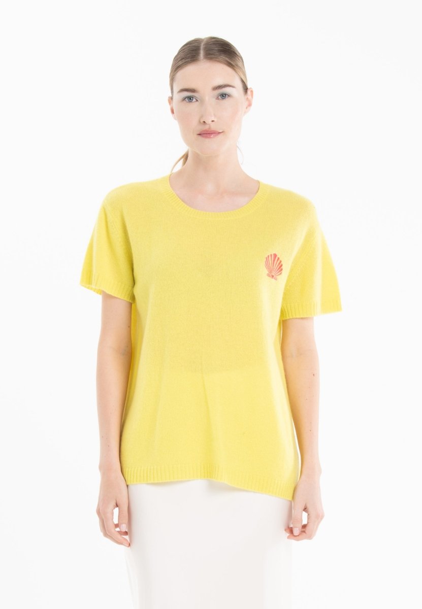 T-shirt col rond en cachemire jaune fluo brodé femme - KELLY 15-col rond femme-Studio Cashmere8-S-M-SC8-01096-jaune fluo/imprimé-Urbanheer
