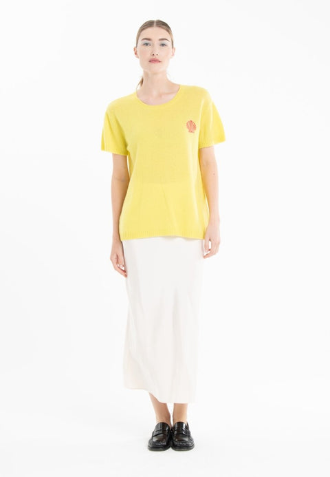 T-shirt col rond en cachemire jaune fluo brodé femme - KELLY 15-col rond femme-Studio Cashmere8-S-M-SC8-01096-jaune fluo/imprimé-Urbanheer