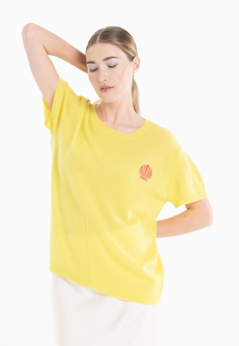 T-shirt col rond en cachemire jaune fluo brodé femme - KELLY 15-col rond femme-Studio Cashmere8-S-M-SC8-01096-jaune fluo/imprimé-Urbanheer