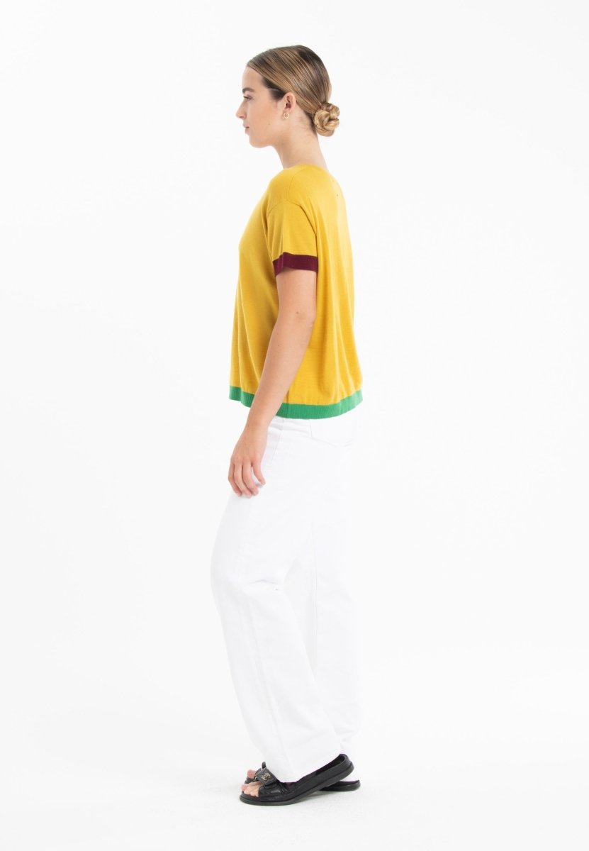 T-shirt col rond tricolore ultrafin cachemire et laine jaune/ rouge bordeaux/ vert femme - KELLY 8-col rond femme-Studio Cashmere8-S-M-SC8-01028-jaune/rouge bordeaux/vert-Urbanheer
