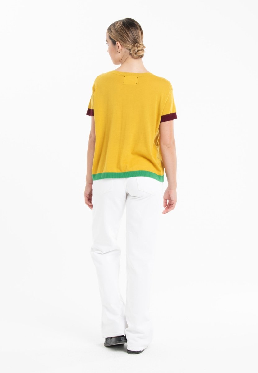 T-shirt col rond tricolore ultrafin cachemire et laine jaune/ rouge bordeaux/ vert femme - KELLY 8-col rond femme-Studio Cashmere8-S-M-SC8-01028-jaune/rouge bordeaux/vert-Urbanheer
