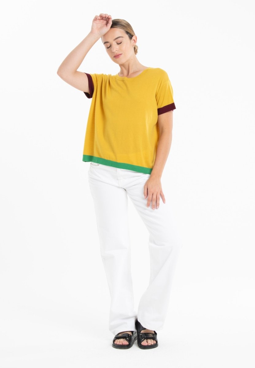 T-shirt col rond tricolore ultrafin cachemire et laine jaune/ rouge bordeaux/ vert femme - KELLY 8-col rond femme-Studio Cashmere8-S-M-SC8-01028-jaune/rouge bordeaux/vert-Urbanheer