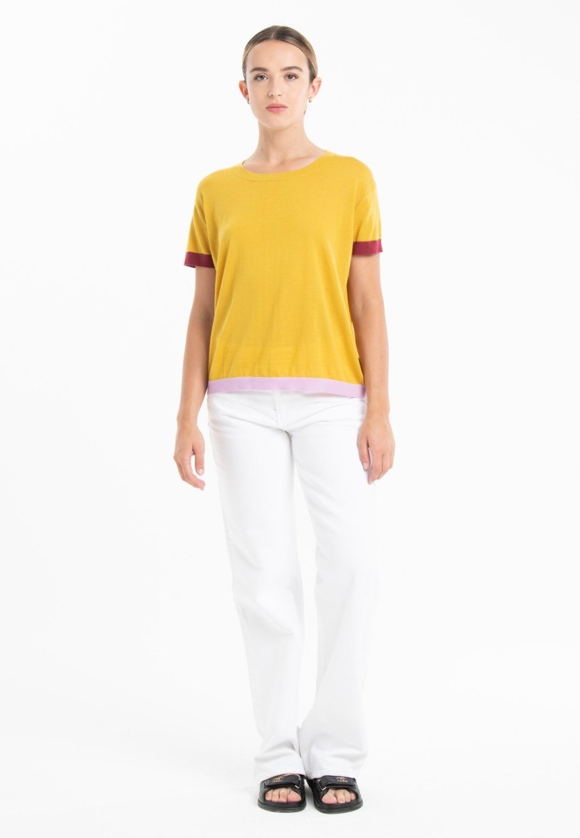 T-shirt col rond tricolore ultrafin cachemire et laine jaune/ rouge/ lavande femme - KELLY 8-col rond femme-Studio Cashmere8-S-M-SC8-01025-jaune/rouge/lavande-Urbanheer
