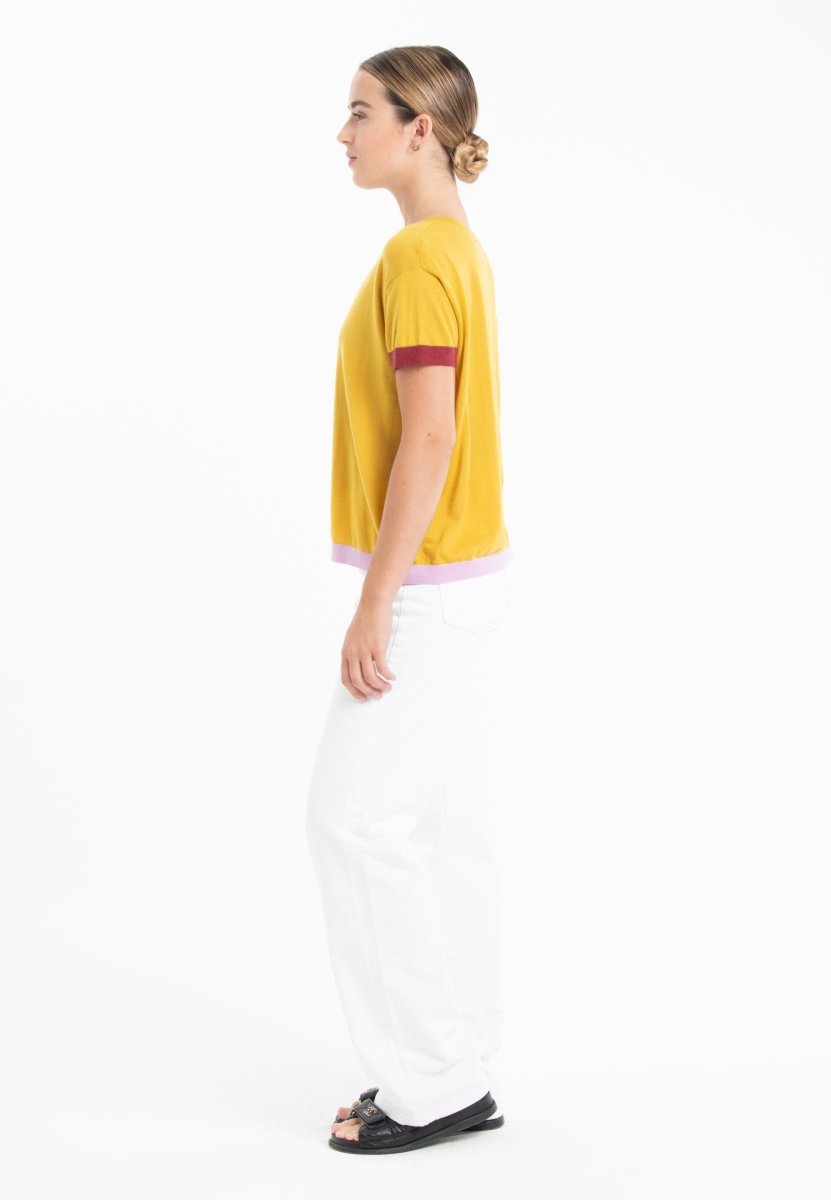T-shirt col rond tricolore ultrafin cachemire et laine jaune/ rouge/ lavande femme - KELLY 8-col rond femme-Studio Cashmere8-S-M-SC8-01025-jaune/rouge/lavande-Urbanheer