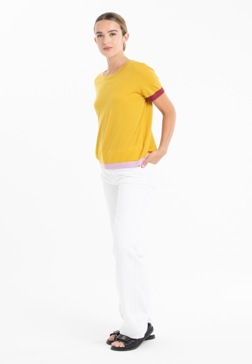 T-shirt col rond tricolore ultrafin cachemire et laine jaune/ rouge/ lavande femme - KELLY 8-col rond femme-Studio Cashmere8-S-M-SC8-01025-jaune/rouge/lavande-Urbanheer