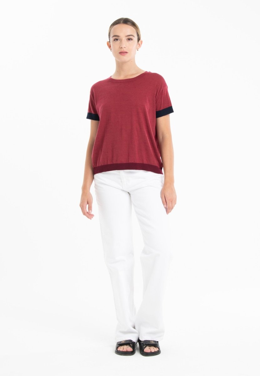 T-shirt col rond tricolore ultrafin cachemire et laine rouge/ bleu marine/ rouge bordeaux femme - KELLY 8-col rond femme-Studio Cashmere8-S-M-SC8-01024-rouge/bleu marine/rouge bordeaux-Urbanheer