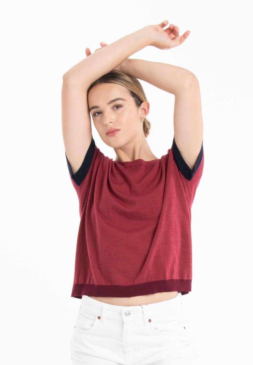 T-shirt col rond tricolore ultrafin cachemire et laine rouge/ bleu marine/ rouge bordeaux femme - KELLY 8-col rond femme-Studio Cashmere8-S-M-SC8-01024-rouge/bleu marine/rouge bordeaux-Urbanheer