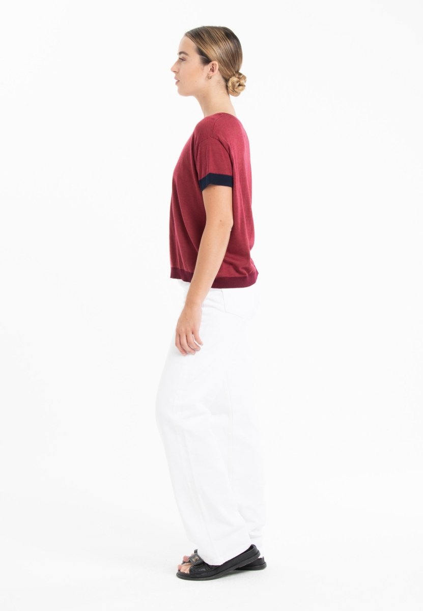 T-shirt col rond tricolore ultrafin cachemire et laine rouge/ bleu marine/ rouge bordeaux femme - KELLY 8-col rond femme-Studio Cashmere8-S-M-SC8-01024-rouge/bleu marine/rouge bordeaux-Urbanheer
