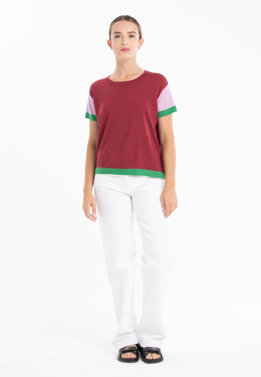T-shirt col rond tricolore ultrafin cachemire et laine rouge/ lavande/ vert femme - KELLY 7-col rond femme-Studio Cashmere8-S-M-SC8-01020-rouge/lavande/vert-Urbanheer