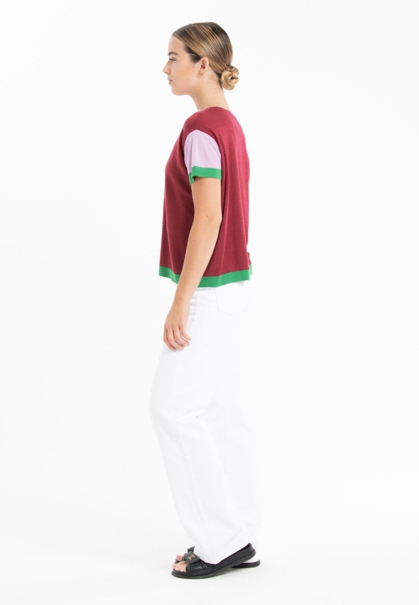 T-shirt col rond tricolore ultrafin cachemire et laine rouge/ lavande/ vert femme - KELLY 7-col rond femme-Studio Cashmere8-S-M-SC8-01020-rouge/lavande/vert-Urbanheer