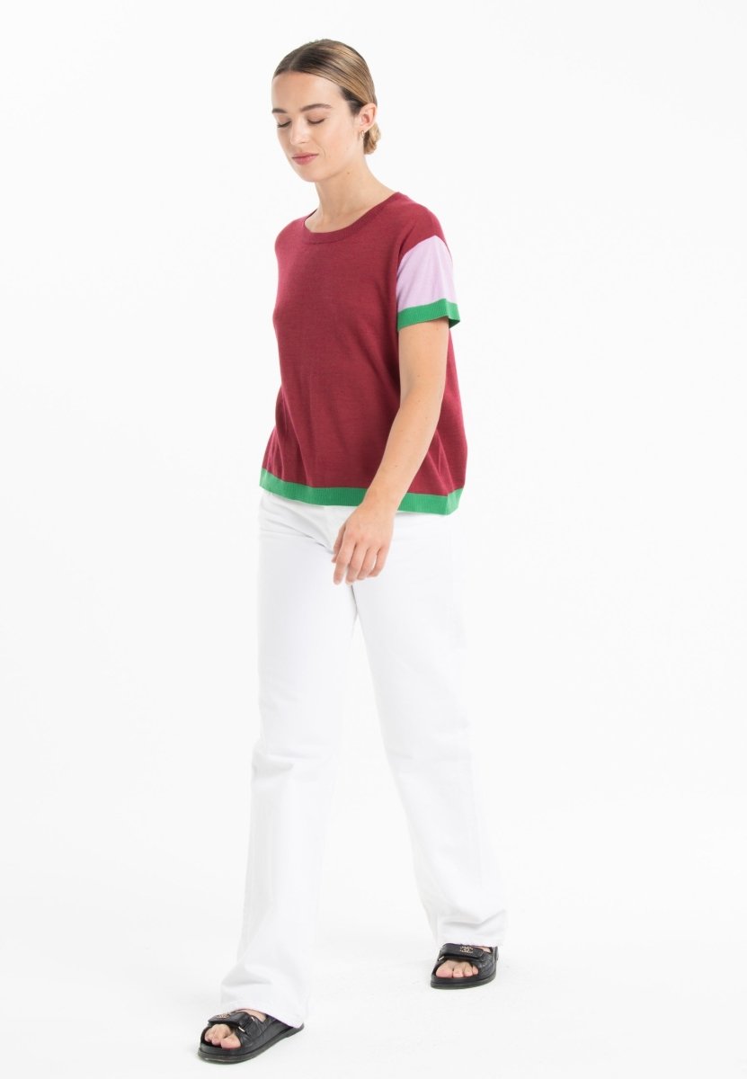 T-shirt col rond tricolore ultrafin cachemire et laine rouge/ lavande/ vert femme - KELLY 7-col rond femme-Studio Cashmere8-S-M-SC8-01020-rouge/lavande/vert-Urbanheer