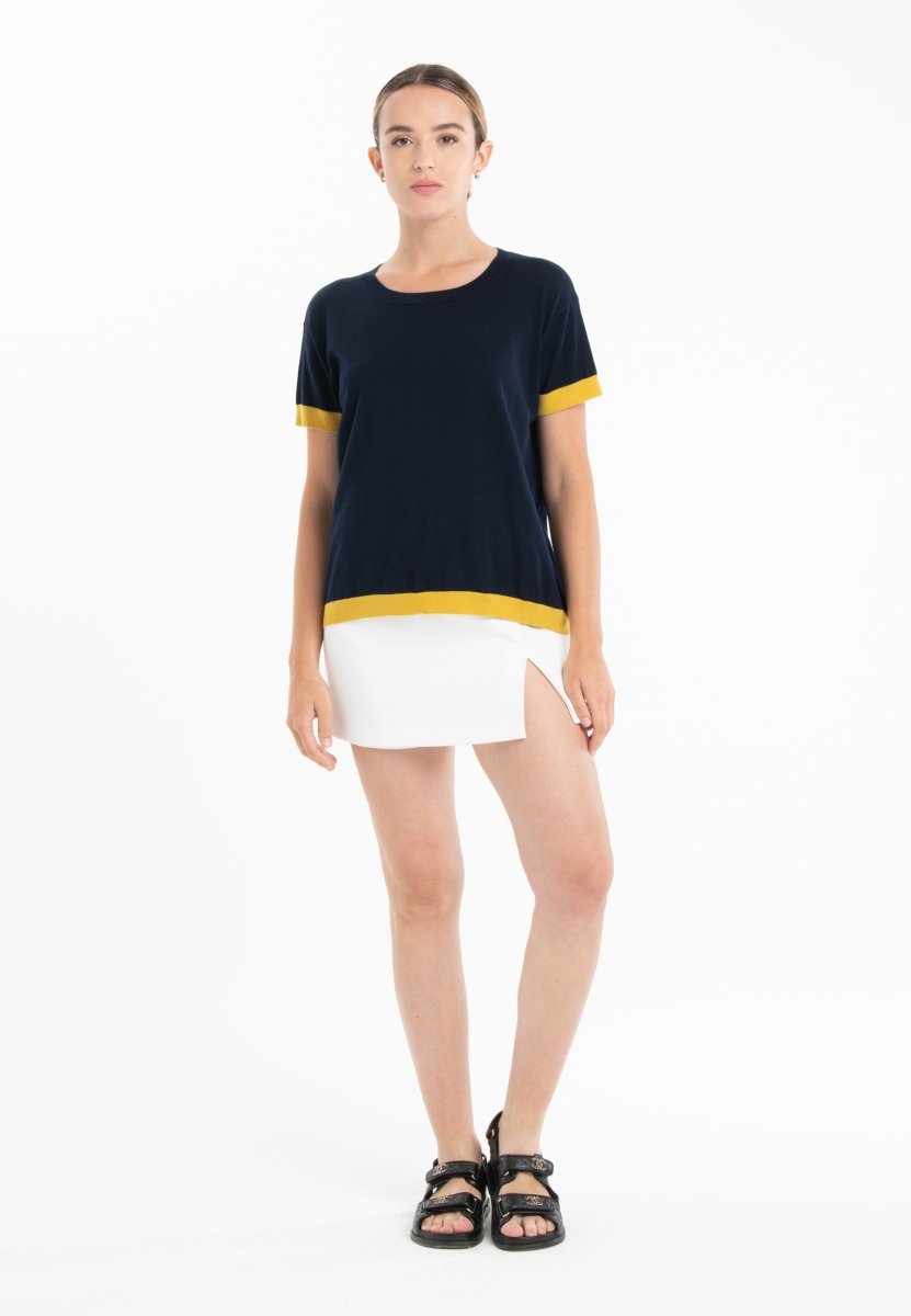 T-shirt col rond ultrafin cachemire et laine bleu marine/ jaune femme - KELLY 1-col rond femme-Studio Cashmere8-S-M-SC8-01011-bleu marine/jaune-Urbanheer