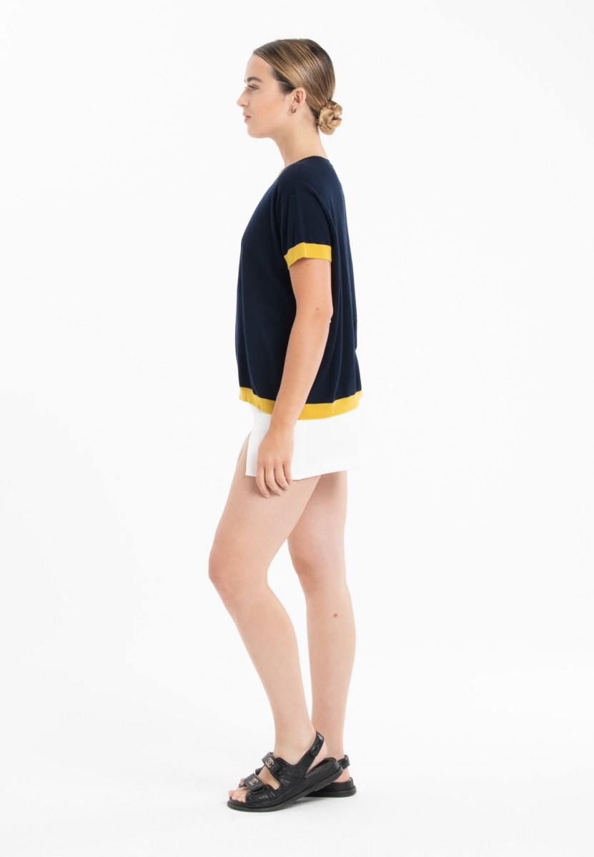 T-shirt col rond ultrafin cachemire et laine bleu marine/ jaune femme - KELLY 1-col rond femme-Studio Cashmere8-S-M-SC8-01011-bleu marine/jaune-Urbanheer