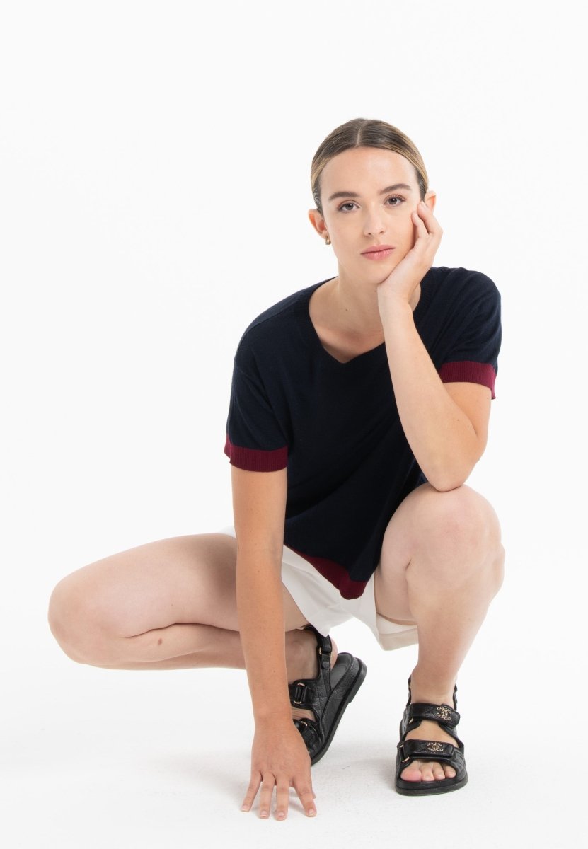 T-shirt col rond ultrafin cachemire et laine bleu marine/ rouge bordeaux femme - KELLY 1-col rond femme-Studio Cashmere8-S-M-SC8-01128-bleu marine/rouge bordeaux-Urbanheer