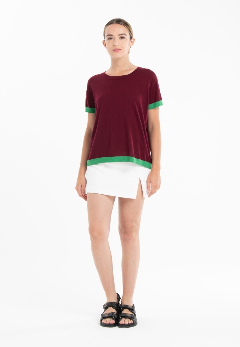 T-shirt col rond ultrafin cachemire et laine rouge bordeaux/ vert femme - KELLY 1-col rond femme-Studio Cashmere8-S-M-SC8-01010-rouge bordeaux/vert-Urbanheer