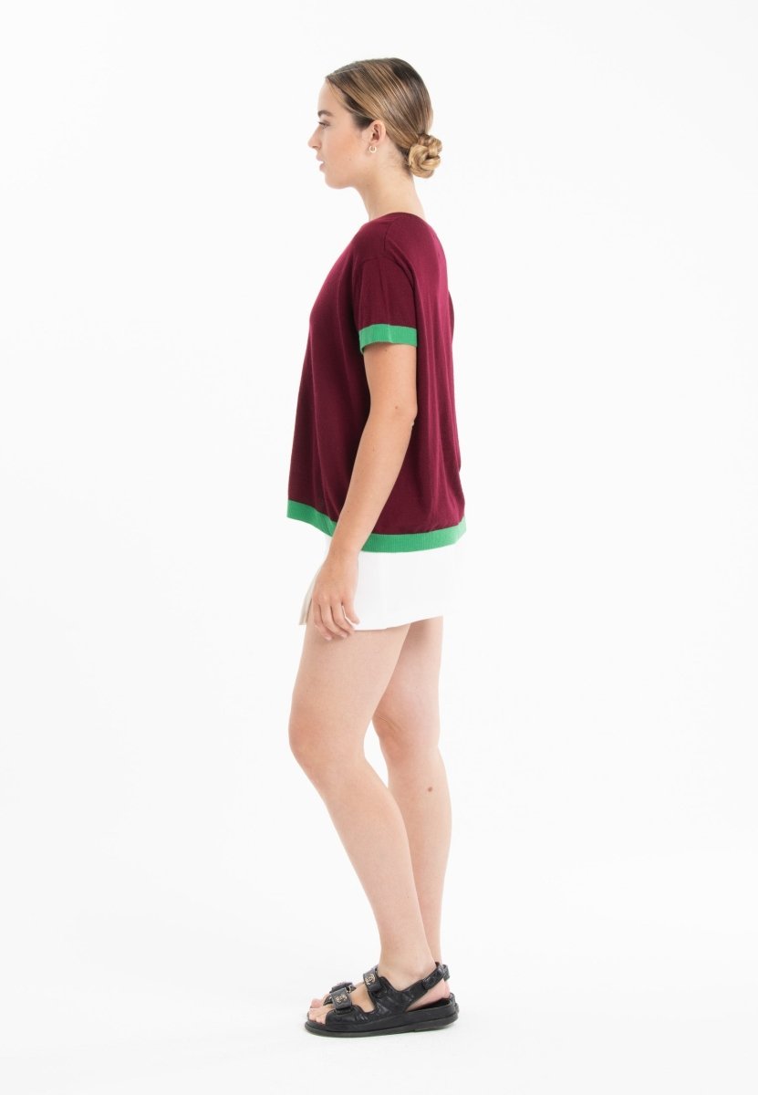 T-shirt col rond ultrafin cachemire et laine rouge bordeaux/ vert femme - KELLY 1-col rond femme-Studio Cashmere8-S-M-SC8-01010-rouge bordeaux/vert-Urbanheer