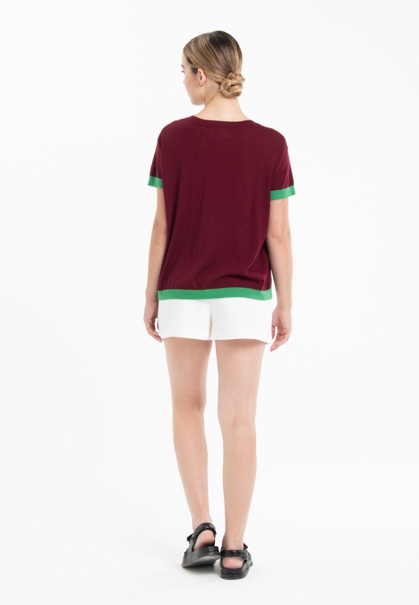 T-shirt col rond ultrafin cachemire et laine rouge bordeaux/ vert femme - KELLY 1-col rond femme-Studio Cashmere8-S-M-SC8-01010-rouge bordeaux/vert-Urbanheer