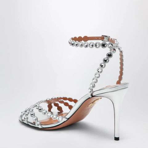 Aquazzura Tequila silver sandals in metallic leather with crystals