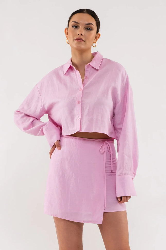 Cropped Button Up Linen Top - Pink-Clothing - Women-Blu Pepper-S-Urbanheer