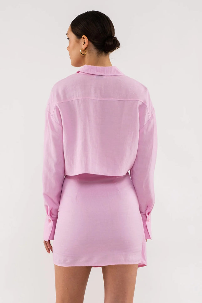 Cropped Button Up Linen Top - Pink-Clothing - Women-Blu Pepper-Urbanheer