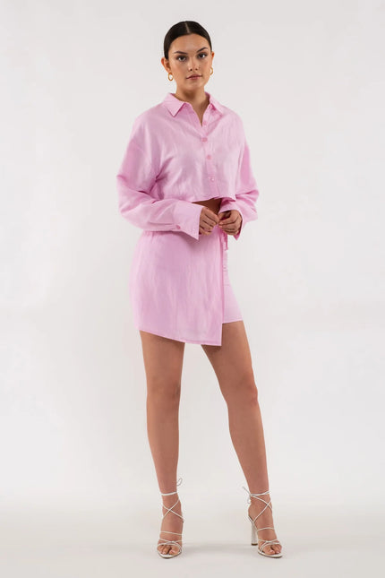 Cropped Button Up Linen Top - Pink-Clothing - Women-Blu Pepper-Urbanheer