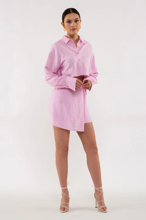 Cropped Button Up Linen Top - Pink-Clothing - Women-Blu Pepper-S-Urbanheer