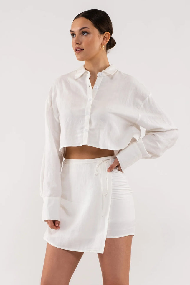 Cropped Button Up Linen Top - White-Clothing - Women-Blu Pepper-Urbanheer