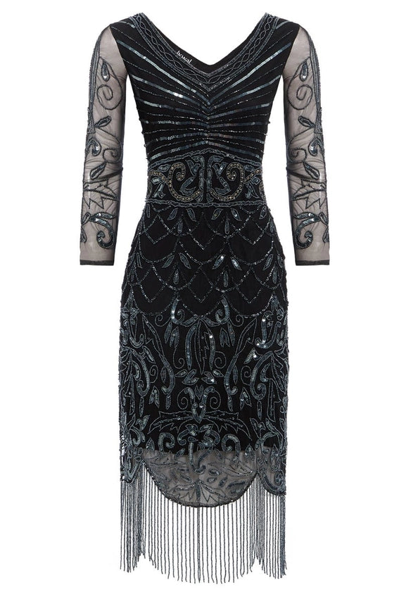 Tabitha Embellished Black 1920s Flapper Fringe Dress-Dress-Jywal London®-S-Urbanheer
