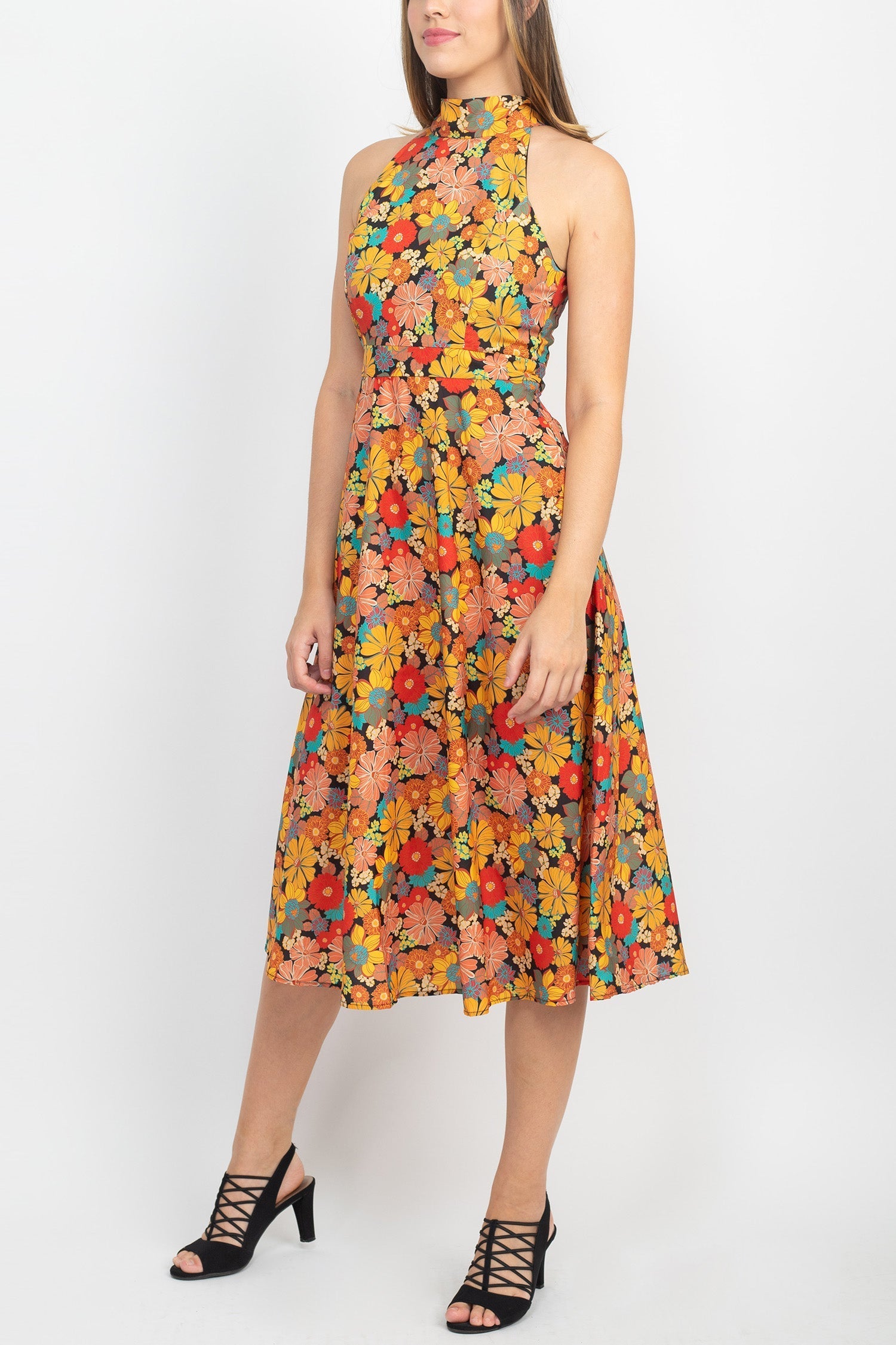 Tahari ASL High Tie Neck Sleeveless Zipper Back Floral Print Fit & Flare Satin Dress-Clothes-Tahari ASL-BLACK MUSTARD-10-Urbanheer