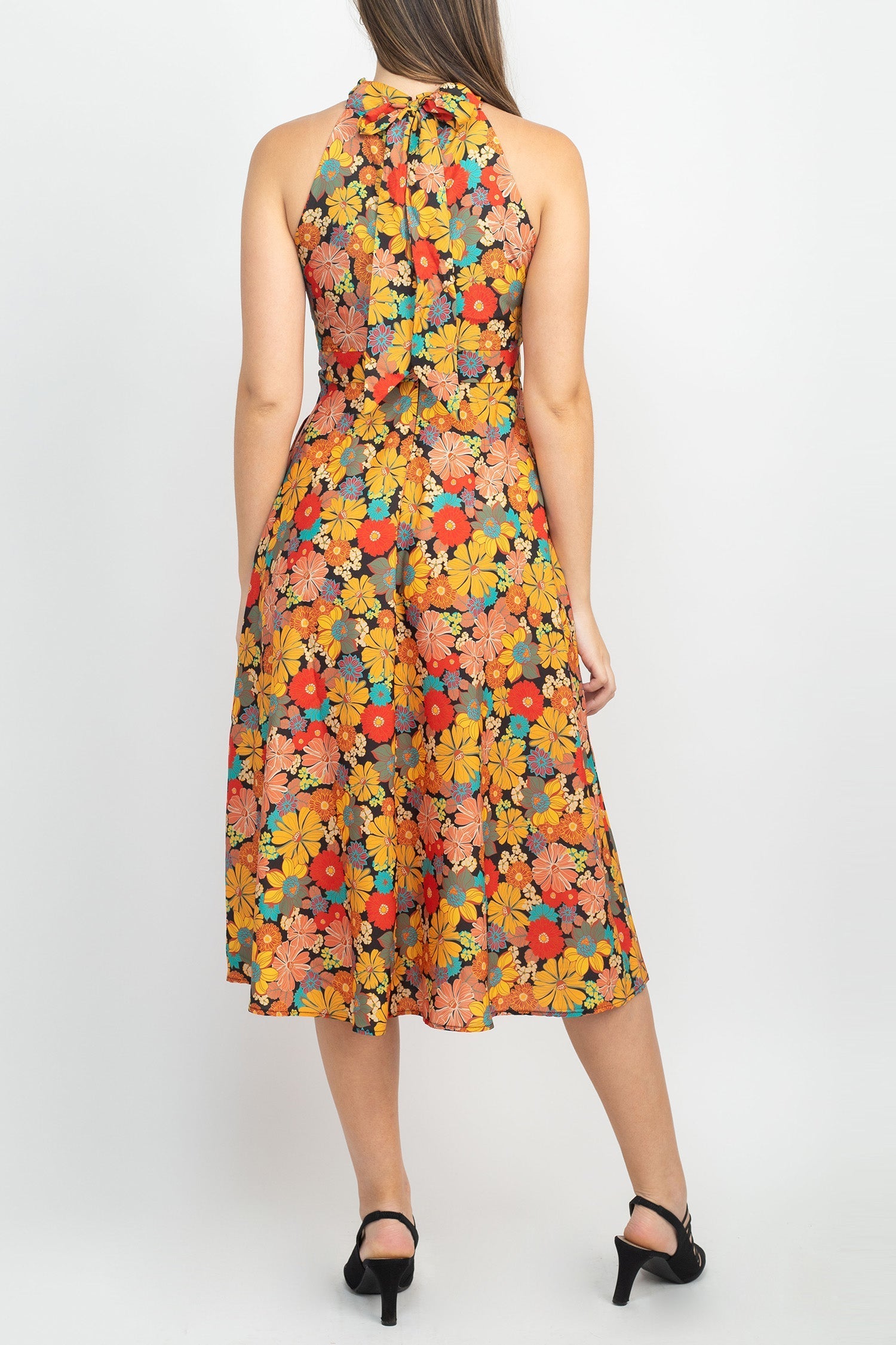 Tahari ASL High Tie Neck Sleeveless Zipper Back Floral Print Fit & Flare Satin Dress-Clothes-Tahari ASL-BLACK MUSTARD-10-Urbanheer