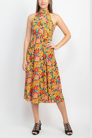 Tahari ASL High Tie Neck Sleeveless Zipper Back Floral Print Fit & Flare Satin Dress-Clothes-Tahari ASL-BLACK MUSTARD-10-Urbanheer