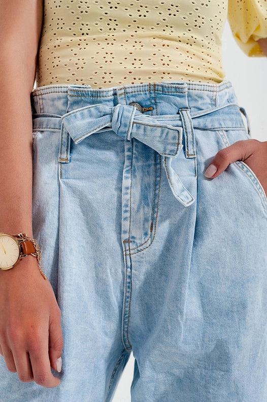 Tapered Leg Jeans With Paper Bag Waist In Light Vintage Wash-Jeans-Q2-XL-Light Denim-Urbanheer