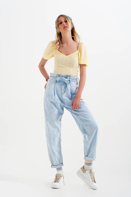 Tapered Leg Jeans With Paper Bag Waist In Light Vintage Wash-Jeans-Q2-XL-Light Denim-Urbanheer